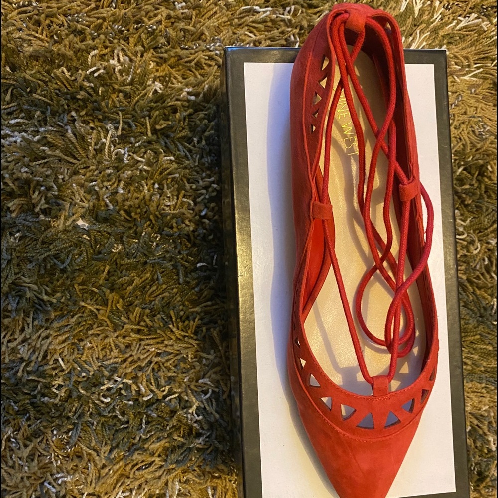 Red Suede flat shoe - with ankles ties
